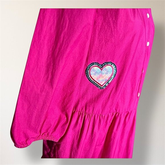 GAP L Petite Pink Eyelet Mini Dress Puff Sleeve Sequin Heart Barbie Cottagecore - Picture 5 of 7